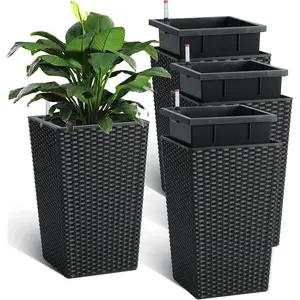 16-Inch High Bamboo Flower Pot Set of 4, with Water Level Monitor, Suitable for Outdoor and Indoor use, for Patios, Porches, Living Rooms or Home Offices, Black.