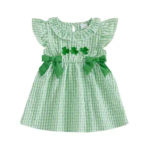Toddler Baby Girls Irish Dress Fashionable Cute Shamrock Embroidery Fly Sleeve Plaid Dress