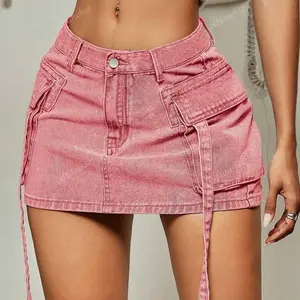 Y2K Street 90s Washed Flap Pocket Tape Detail Cargo Denim Mini Skirt Summer Hottie Outfit Fabric Womenswear