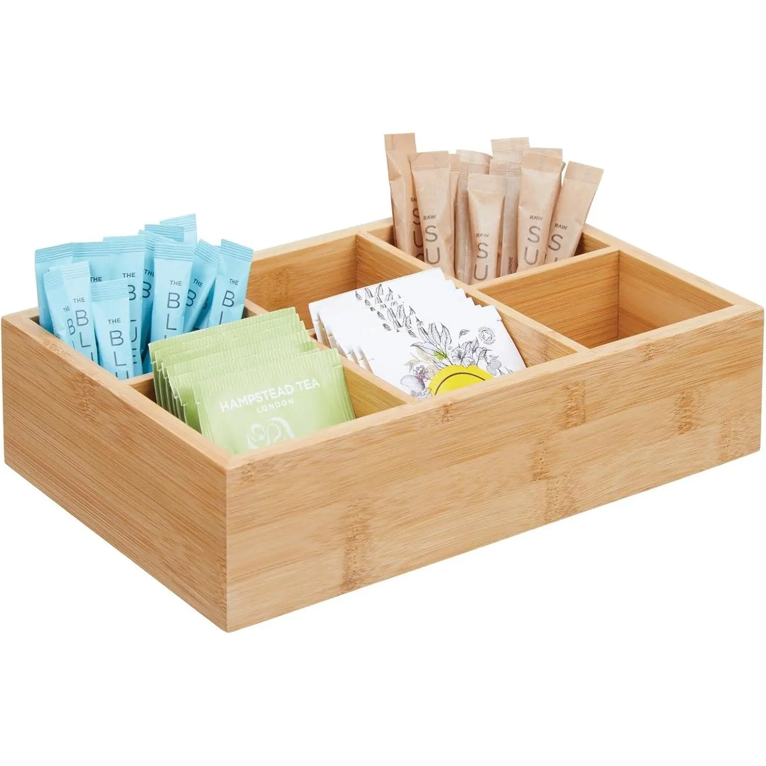 Bamboo Tea & Food age Orr Container Box - Wooden Holder Case for Tea Bags, Coffee, Snacks, Sugar, Sweeteners, and Small Packets - Echo Collection - Natural Wood