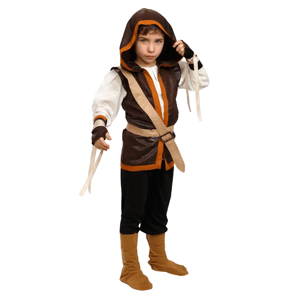 Robin Hood Costume Dress For Kids - Hunter Role Play Outfit with Hooded Vest, Gauntlets, Belt & Boot Covers - Boys Costume For Halloween, Pretend Play Fun, Theme Party & Cosplay