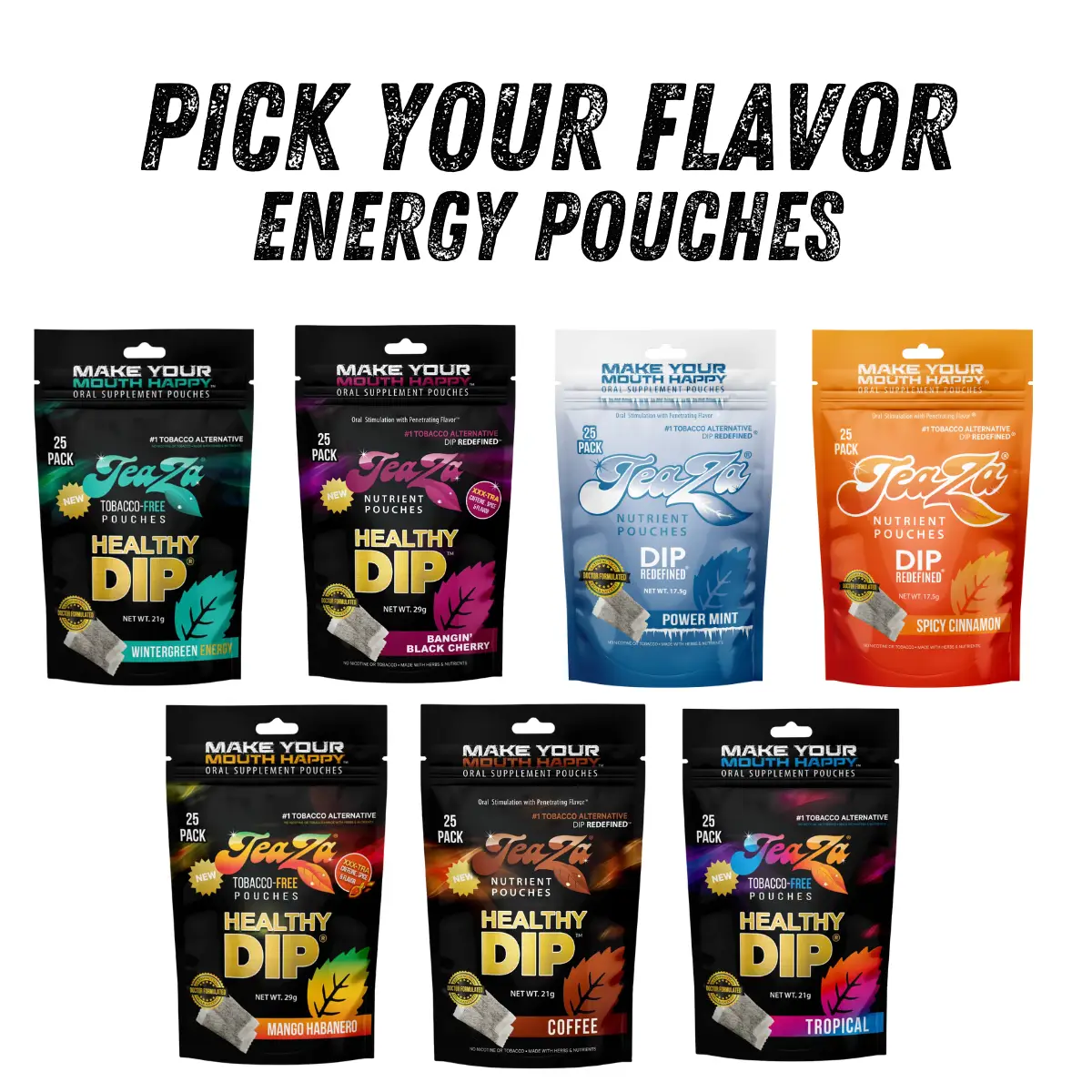 TeaZa Energy Pouches - Pick Your Flavor - Caffeine Pouches, B-Vitamins, Herbal Tea, Wintergreen, Cherry, Mango, Fruit, Mint, Coffee, Cinnamon