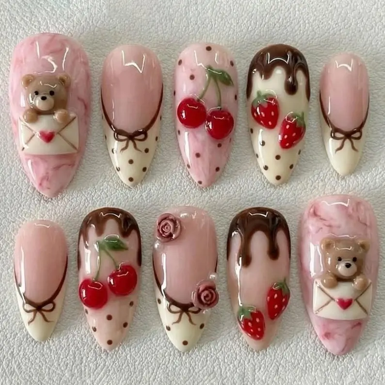 Cute Bear Strawberry Cherry Press On Nails, Pink Chocolate Drip Nails