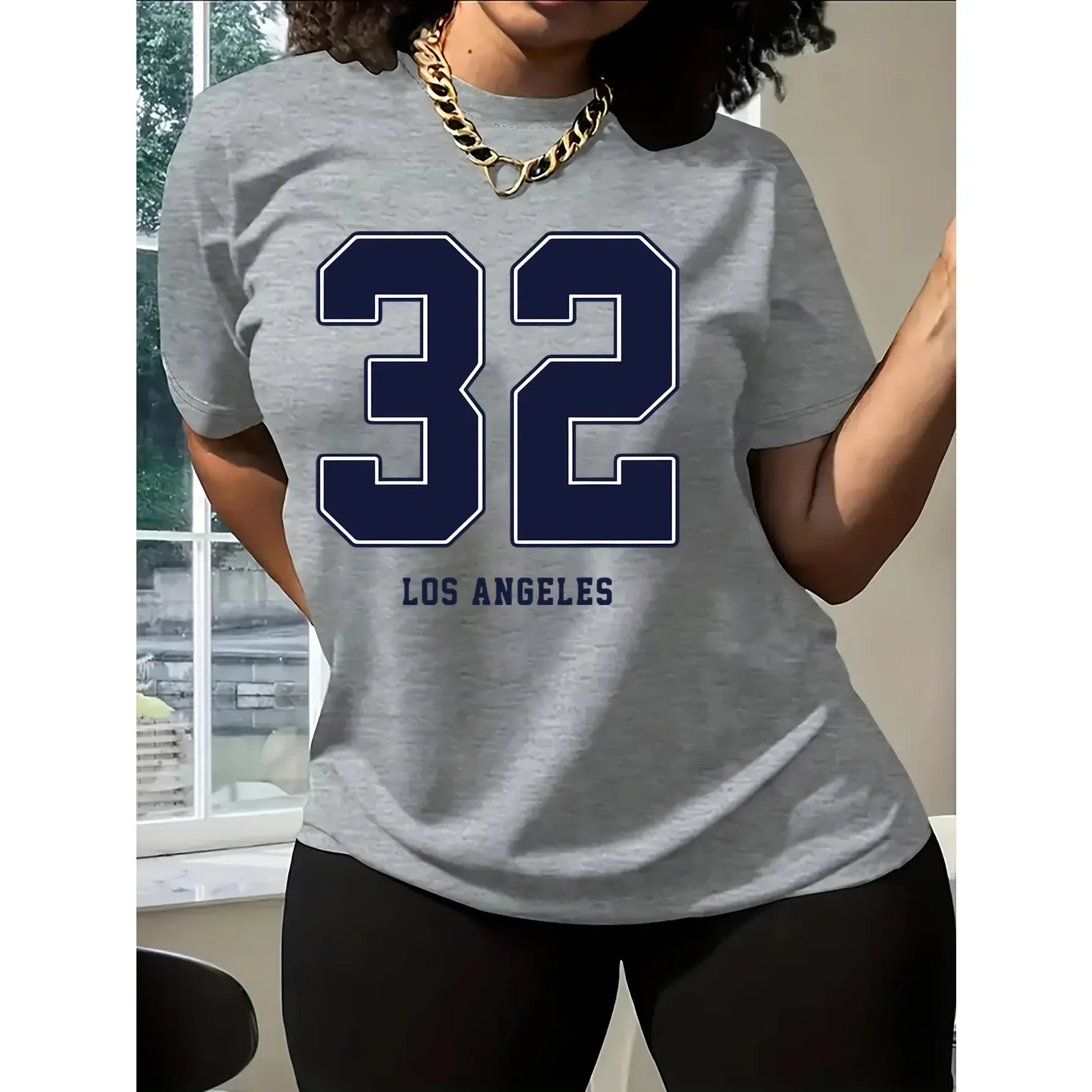 Women's Classic Fit Tee with Los Angeles 32 Print in Smooth 100% Cotton Fabric, Round Neck Shortsleeve Design, A Colorful Style Wardrobe Staple for Casual OOTD, Oversized, Graphic, Wardrobe Staples, Digital Print, Smooth Surface, All Seasons, Simple Fit,,