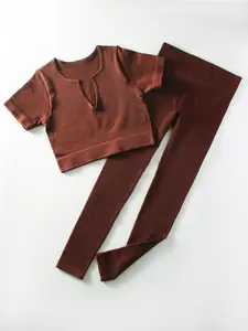 Women's Solid Ribbed Top & High Waist Leggings Tracksuit Set Breathable Comfy Clothing Set Fitted Design Activewear for Yoga Gym Workout Running, Ladies Sportswear for All Seasons