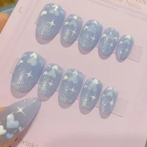 Aura Nails - New Version  Short Baby Blue Reflective Cat Eye Little Heart Press On Nails  Gel Nails  Heart
