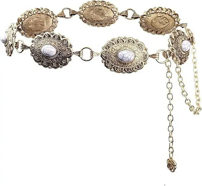 Metal Waist Chain Belt Retro Turquoise Stone Punk Western Concho Turquoise Square Concho Chain Belt – Wild Junkie main image 3