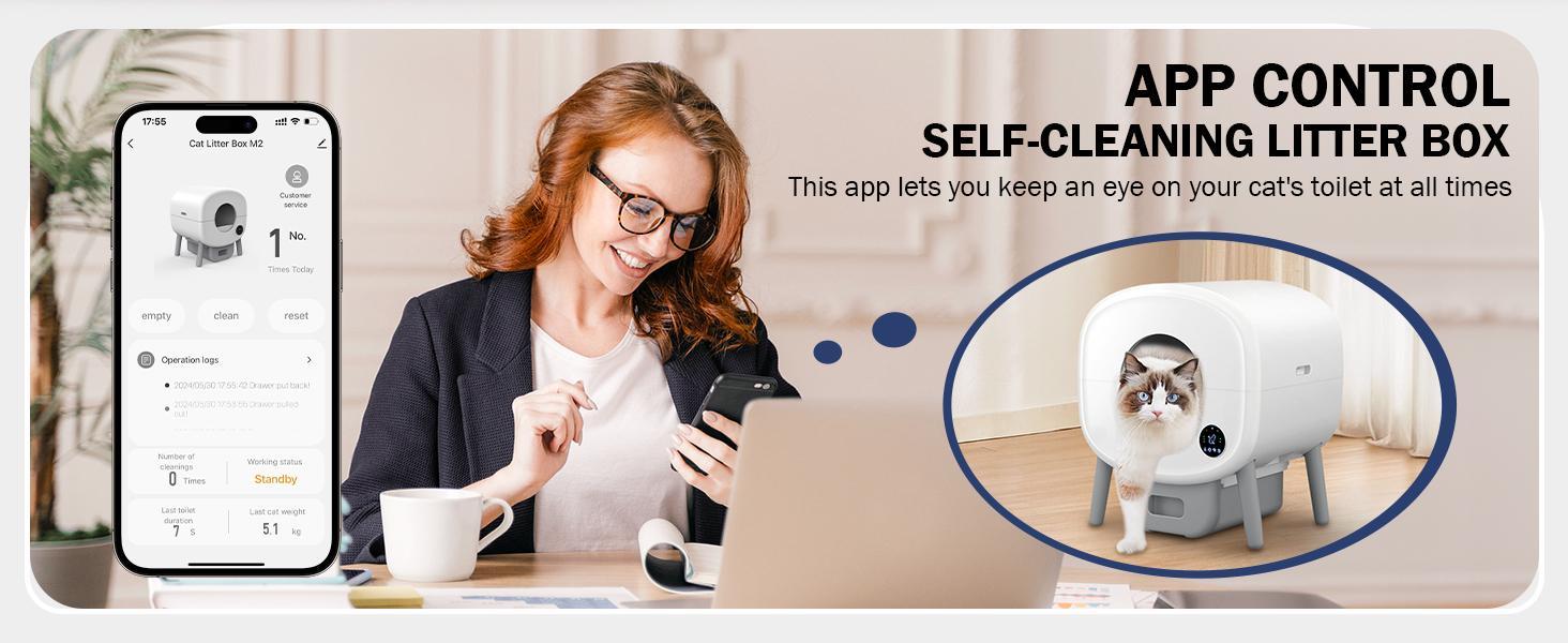 TAYACICY Automatic Self Cleaning Litter Box, Large Capacity Cat Litter Box Self Cleaning for Cats 2.2-33lbs, App Control,Safety Protection, 2 Roll Garbage Bags,White & Grey