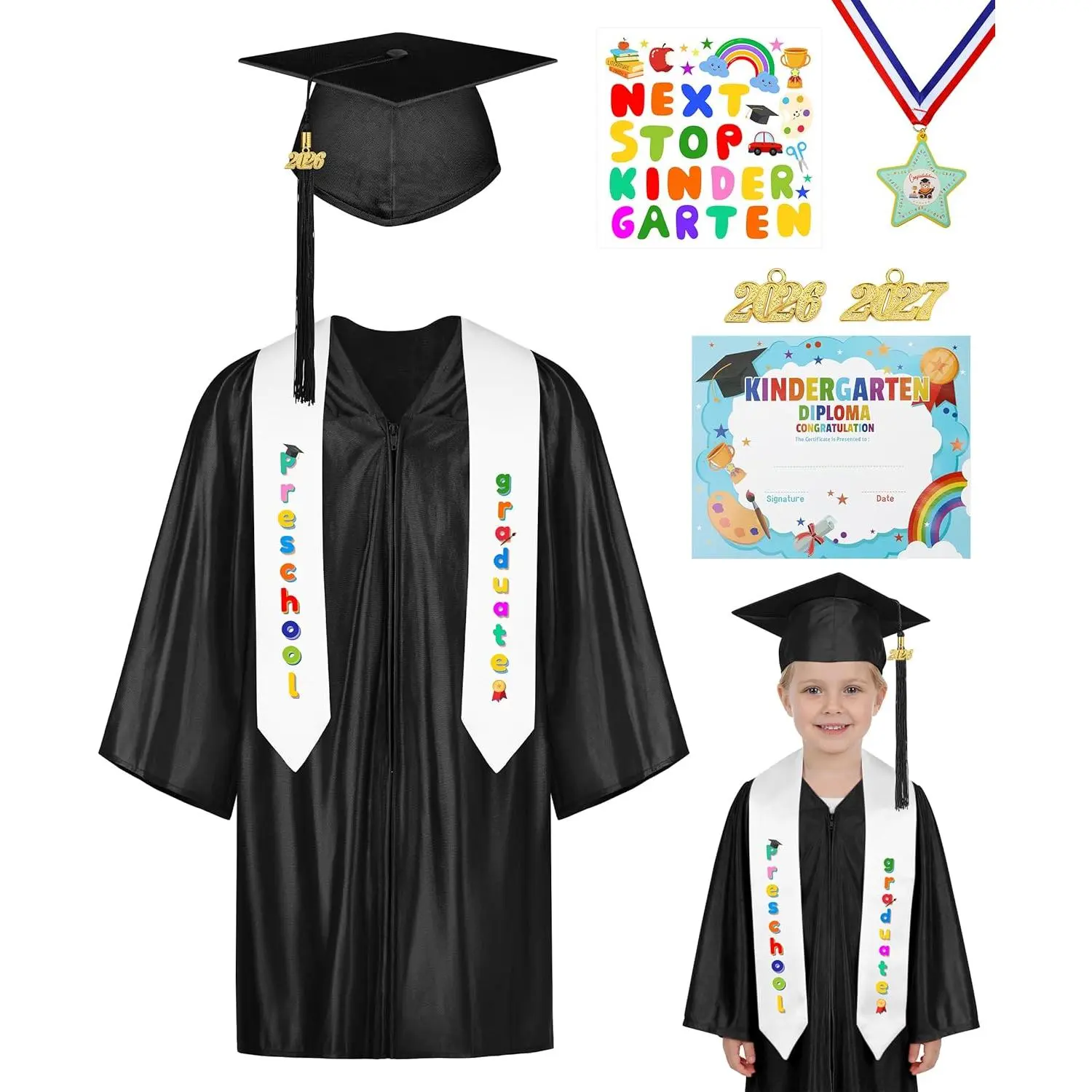 AOTHSO 8Pcs Preschool Graduation Gown Cap Set DIY 2026 with Tassel Stole Certificate Medal Kindergarten Set for Toddler Kids