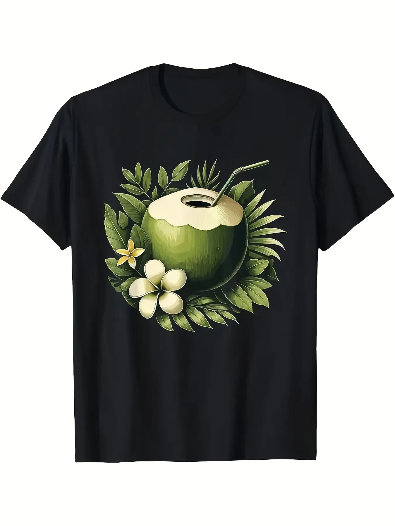 Men'S White Retro Tropical Coconut & Palm Leaf T-Shirt |   Hawaiian Shirt Style with Green Coconut, Straw & Plumeria Flower Print, Breathable Round Neck, Casual Beachwear, Machine Washable, All-Season, Pure 220G