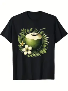 Men'S White Retro Tropical Coconut & Palm Leaf T-Shirt |   Hawaiian Shirt Style with Green Coconut, Straw & Plumeria Flower Print, Breathable Round Neck, Casual Beachwear, Machine Washable, All-Season, Pure 220G