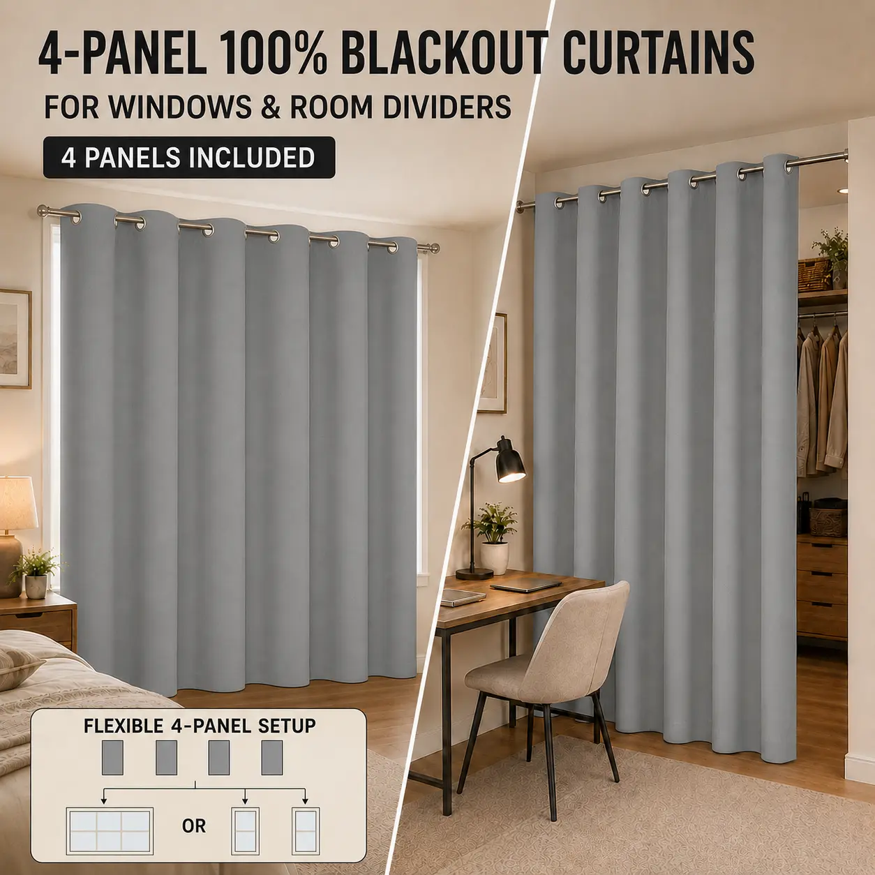 4-Panel 100% Blackout Curtains & Room Divider, Grommet Top Privacy Curtains for Bedroom, Living Room, Studio, Shared Room & Doorway, Multiple Colors and Sizes