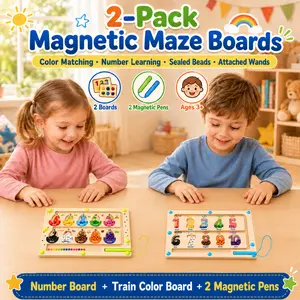 VVINCA 2 Pack Wooden Magnetic Color and Number Maze, Montessori Busy Board for Kids, Preschool Learning Toy with Attached Wand for Travel, Ages 3+