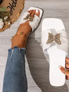 Women's Summer Fashion Bow Rhinestone Elegant Comfortable Flat Sandals, Casual PU Material Low Heel Shoes, Perfect for Daily Wear