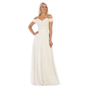 May Queen MQ1601B Off Shoulder Chiffon Long Wedding Ivory Gown