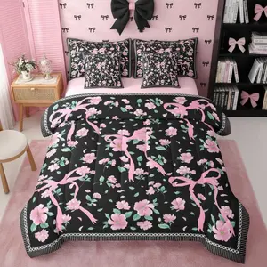 Coquette Pink Bow 7 Piece Comforter Set,Girly Bowknot Floral Bedding Set,for Kids | Cute Bow Tie Ribbons Garden Flowers Sheet Set with Comforter Princess Pastoral Style Duvet Set