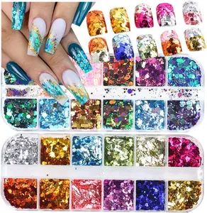 2 Boxes 24 Colors Chameleon Holographic Glitter Mermaid Nail Art Sequins 3D Flakes Laser Gradient Shiny Glitter Powder Accessories for Women DIY Manicure Decorations