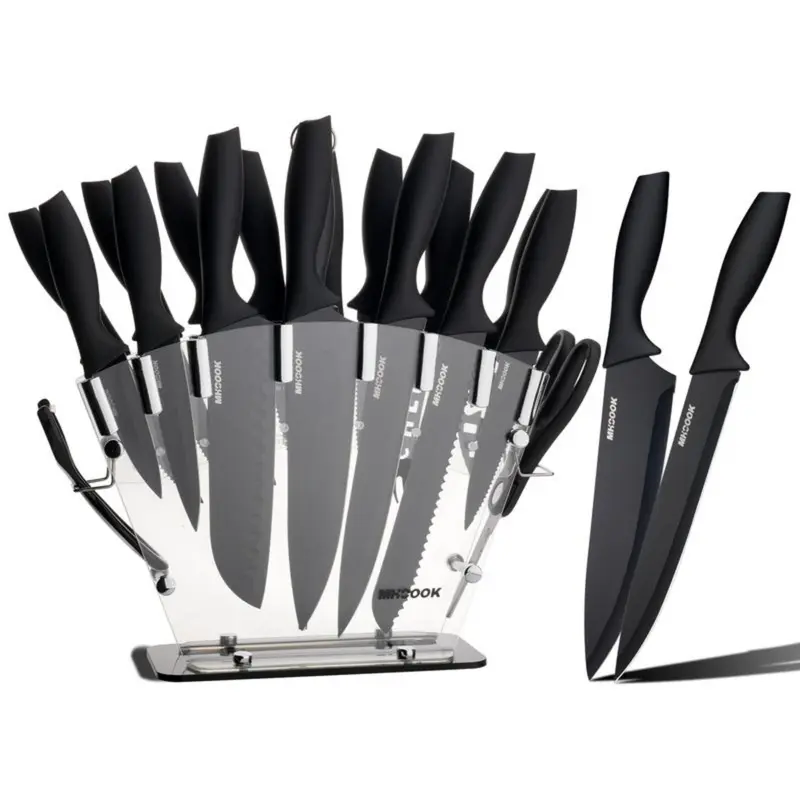 19-Piece Stainless Steel Kitchen Knife Block Set - Kitchenware Knives Kitchen Set with Thick Ergonomic Non-Slip Handle, Chef+Bread+Scissors, Scratch Resistant Ceramic Sharpening Rod for Cooking Cutting
