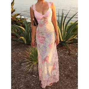 Women's Floral Patchwork Print Lace Trim Dress, Summer Clothes Women, Bohemian Boho Chic Fashion Long Dress for Beach Holiday Vacation, Ladies Dress for Summer