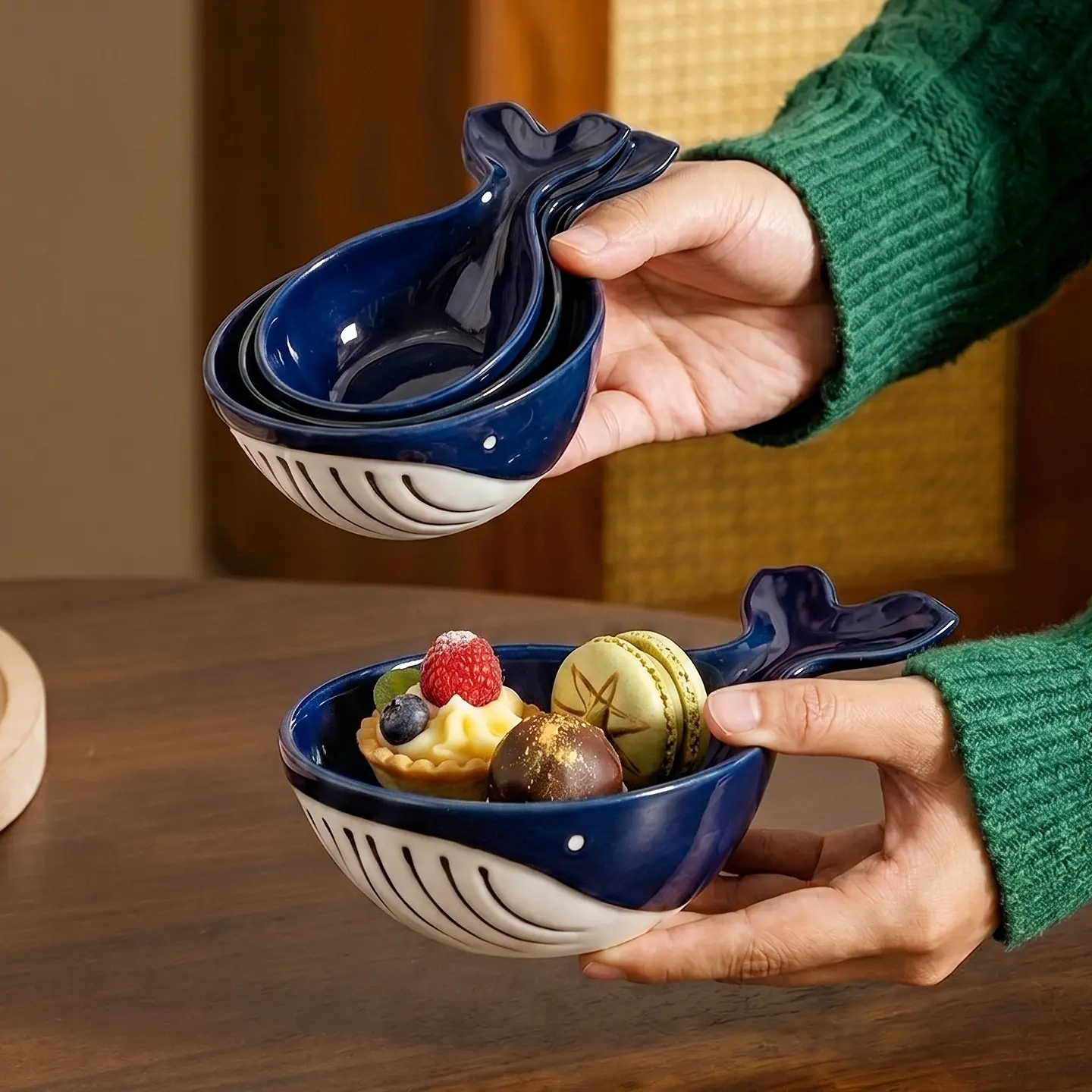 HongDian Navy Whale Shaped Dipping Dish Pet Bowl Series,Optional Ceramic Sauce Bowl 220/150/80ml 8/5/3 oz,Premium Porcelain,Blue White,SGS Tested Underglaze Fade Resistant,Microwave Dishwasher Oven Sterilizer Safe,Sushi Snack Condiment Pet Feeding