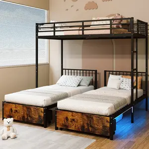 Triple Bunk Bed for 3 Kids, Metal Bunk Bed Frame with 2 Large Drawers and Charging Station, Metal Triple Bunk Beds, Separates Into 3 Twin Beds,Noise Reduced Structure, Black