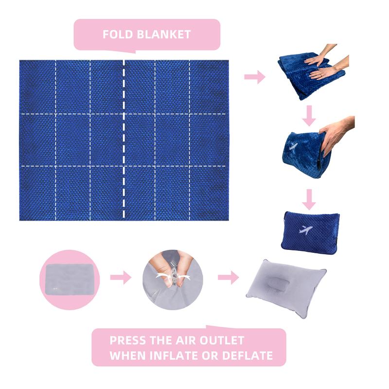 3 in 1 Travel Blanket Pillow Set - 350/280 GSM Thick Travel Blanket Airplane Compact with Bag, Soft Bag with a Pocket, Inflatable Travel Pillow for Camping & Car Trip