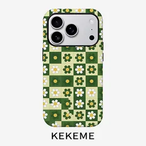 Flower green and light yellow plaid creative pattern, stylish and unique 2-in-1 mobile phone case, durable and anti-drop, suitable for iPhone 17 16 15 14 13 12 11 Plus Pro Max Air, Samsung Galaxy S Series and A Series, a gift for friends and family