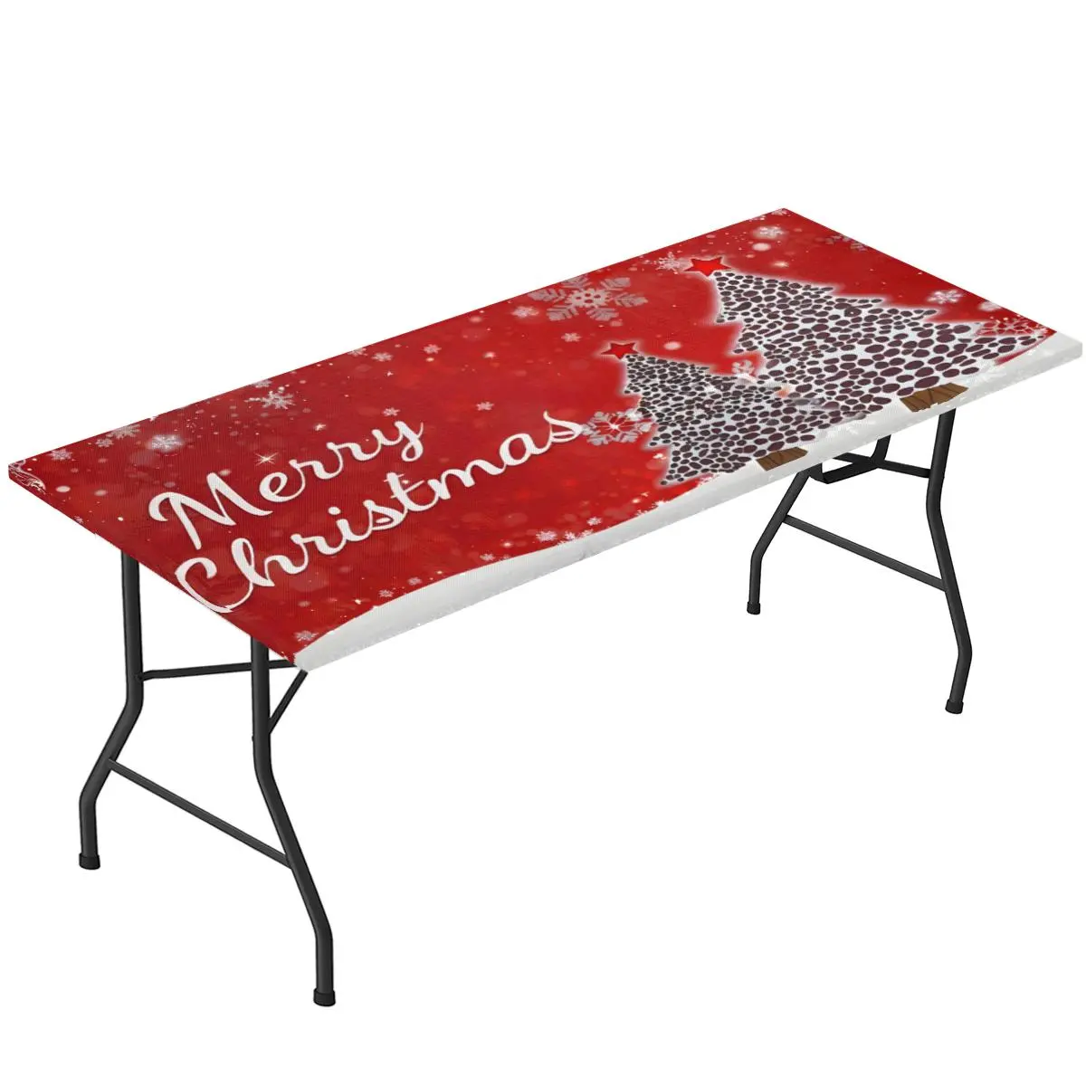 Red Merry Christmas Snowflake Elastic Fitted Rectangle Tablecloth - Waterproof, Stain-Resistant Polyester Stretch Cover with Elastic Edge, Non-Slip Protector for Xmas Dinner, Holiday Indoor-Outdoor Party Decor