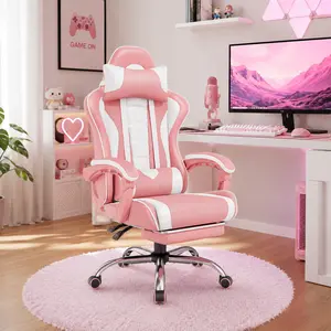 Costoffs Ergonomic Office Chair - Racing Wheel-Based Height-Adjustable Cushiony Durability Desk Chair with Footrest, Massage Lumbar Pillow, 135° Reclining Backrest, Head Pillow, Padded Armrests, Mute Castors for Bedroom Home Office (Sweet Pink), Wheel-Bas