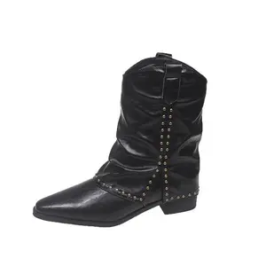 Women's Shark Boots, Foldable Ankle Boots, Short Heel Short Toe Jeans Boots, Ladies' Rivet Pattern Boots, Fashion Women's Boots, Autumn Boots, Black Boots