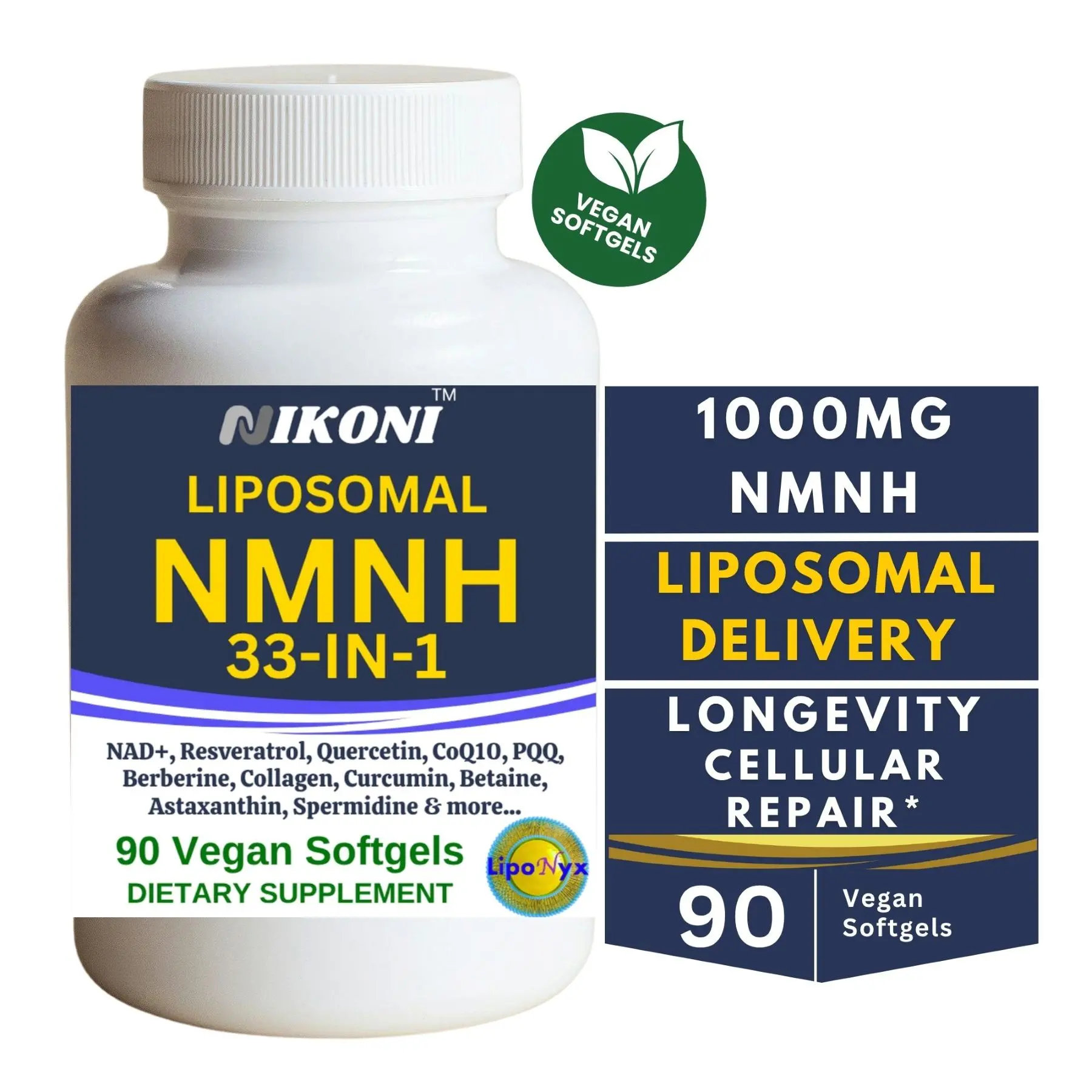 Nikoni Vegan Liposomal NMNH Softgels – Advanced 33-in-1 NAD+ Support Formula – 1000mg NMNH per Serving, Gluten-Free, Promotes Cellular Energy, Immune Health & Healthy Aging – 90 Vegan Softgels