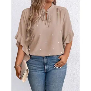Plus Size Tie Neck Ruffle Sleeve Faux Pearl Button Shirt