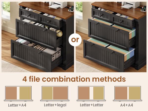 SEDETA 33 Inch 4 Drawers File Cabinet Farmhouse Filing Cabinets for Home Office fit Legal/Letter/A4 File Wood Office File Cabinet with Power Outlets Printer Stand with Storage