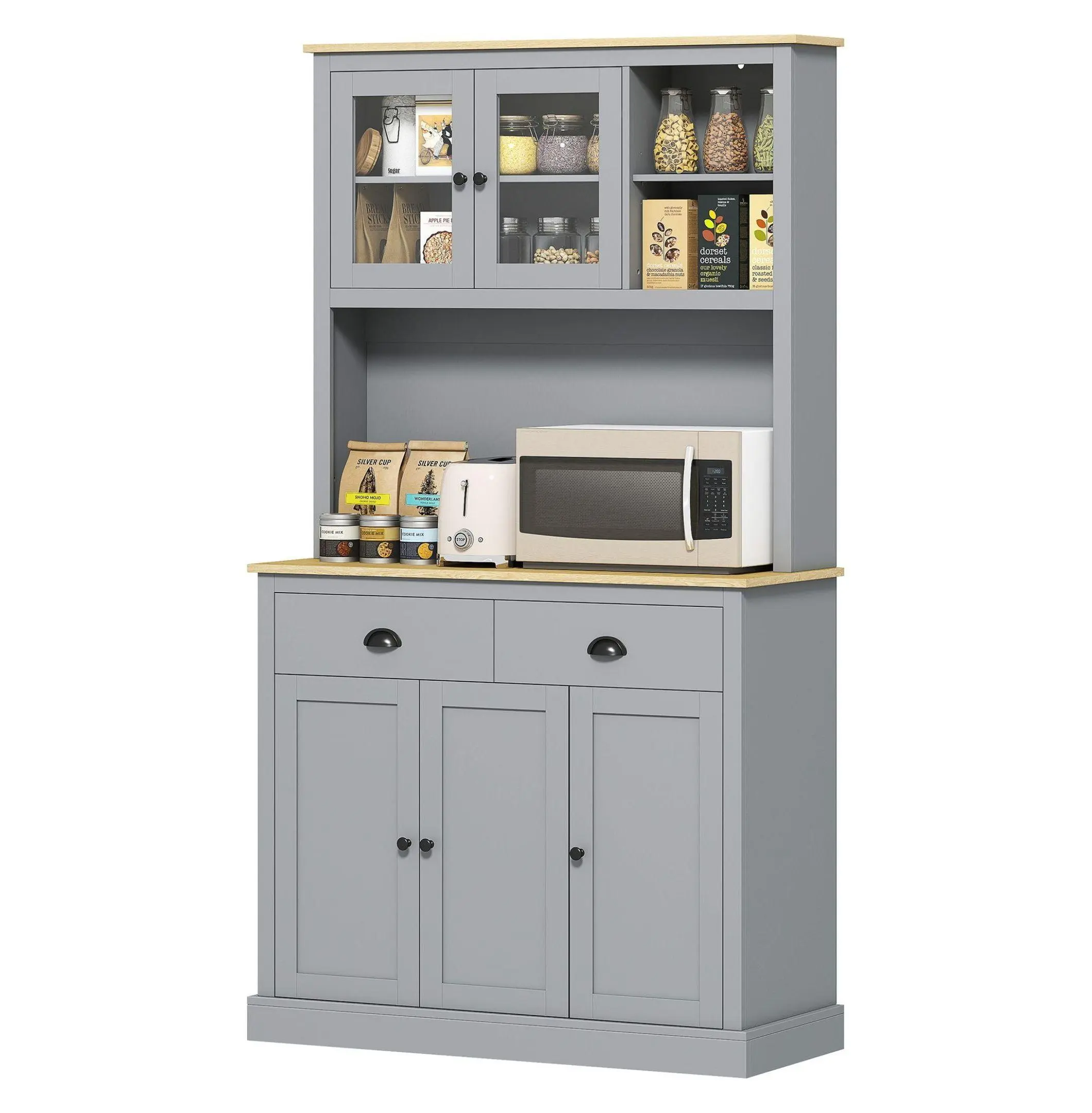 Kitchen Cabinet, 71" Pantry Cabinet, Modern Hutch with Countertop, Adjustable Shelves, Gray & Oak Finish, Storage for Kitchen Dining Room Default Title