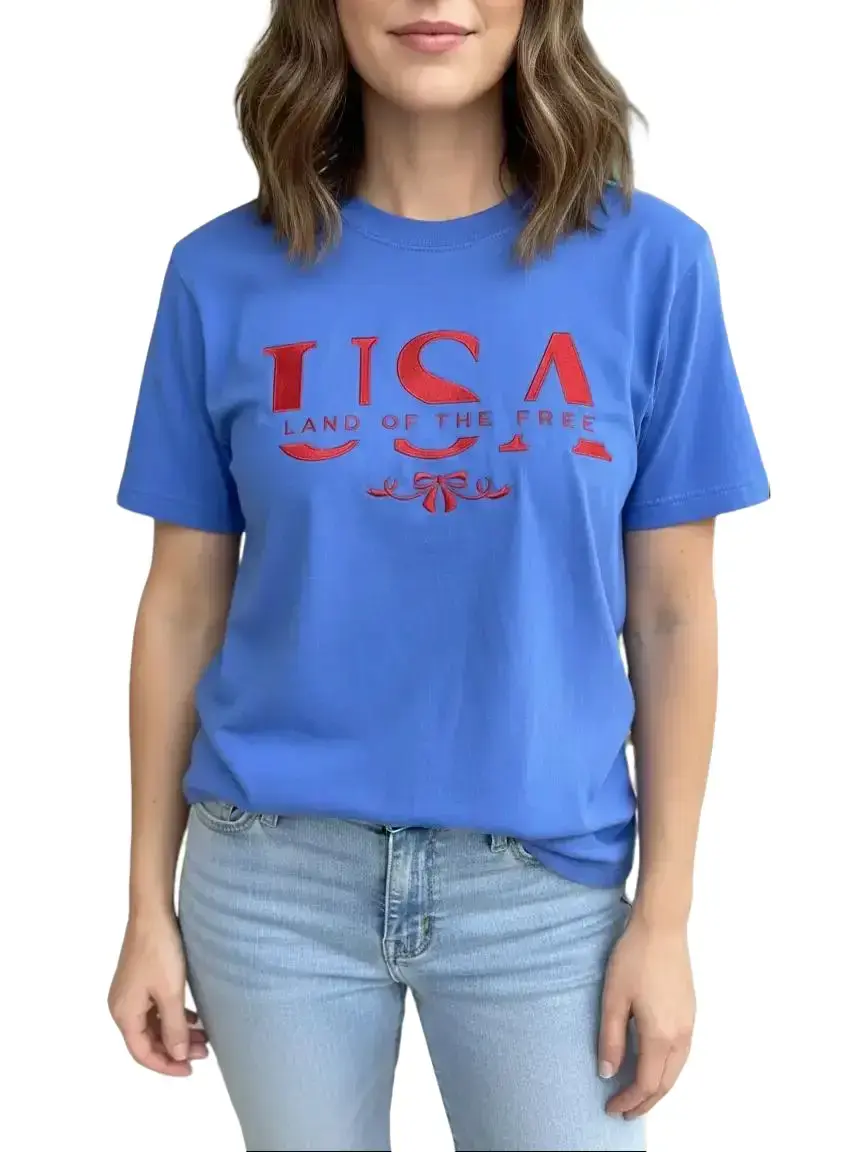 USA Land of the Free Custom Embroidered T-Shirt - Fit Top, Everyday Mama Casual Womenswear