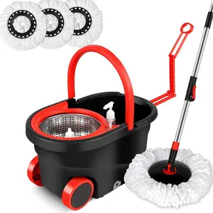 Plus Spin Mop and Bucket Set, 360° Spin Mop Bucket Set on Wheels with 3 Microfiber Mop Refills, Stainless Steel Extended Handle for Floor Cleaning