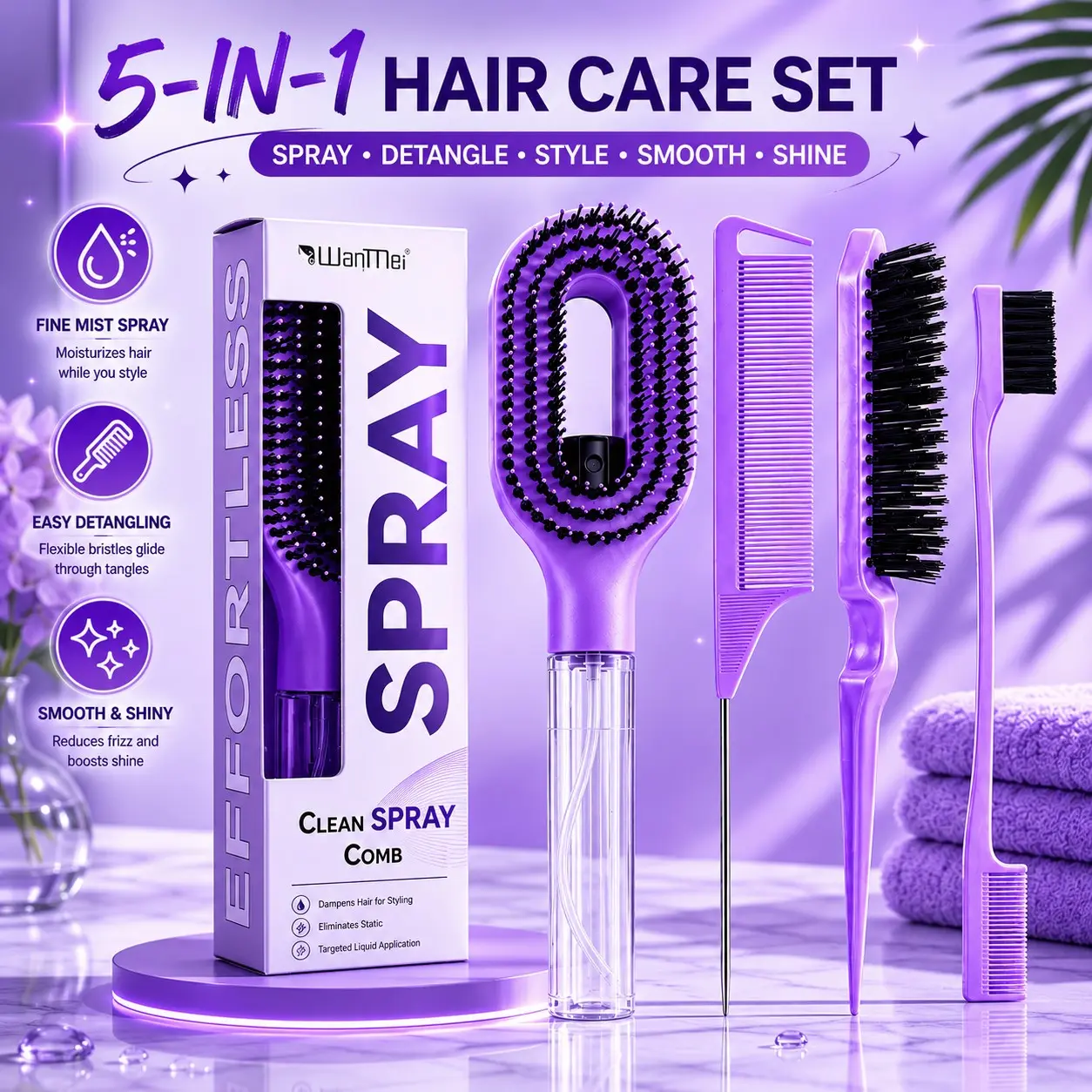 4PCS Hair Spray Brush 2-in-1 with Fine Mist Water Tank, Hair Styling Tools, Detangling Hair Brush for Wet & Dry Hair, Portable Spray Comb for Curly, Frizzy Hair, Hydrating Scalp Massage Styling Tool, Hair Care Brush for Women Home & Travel Use