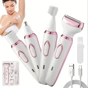 4-in-1 Women's Electric Shaver Hair Removal Device with 500mAh Battery Portable Bikini Trimmer in White Pink & Black Waterproof USB Charging Personal Care Tool - Water Proof