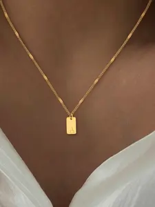 Women's Stainless Steel Chain Necklace, Rectangle Letter Pendant Design, Casual Style Jewelry for All Seasons, Trendy Accessory, Fashion Necklace
