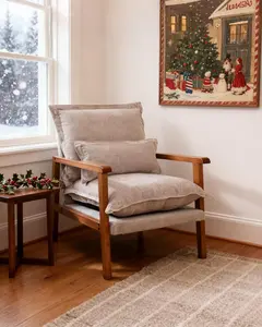 Karl home Midcentury Accent Chair for Living Room, Chenille Upholstered Lounge Armchair with Lumbar Pillow, Ruffle-Designed Cozy Reading Chair with Wood Legs, Khaki