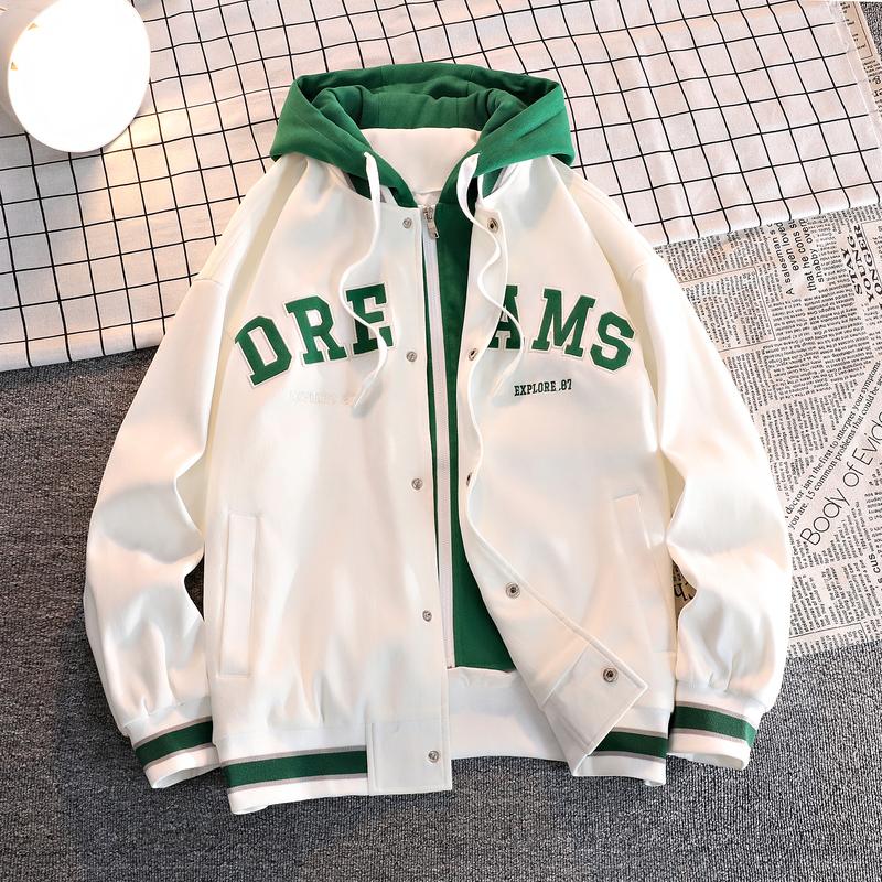 A hooded letter jacket, featuring a casual and simple style. The hooded design is sleek and elegant, while the overall design is practical and versatile. The letter embroidery adds a touch of sophistication, and the striped accent at the cuffs completes t