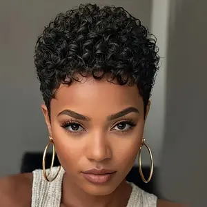 NEW Arrived Fashionable 150% Density Remy Human Hair Pixie Wig - Short Afro Curly Kinky Jerry Curls, Glueless Rose Net Cap, Natural Look for Women, Easy to Wear, All Ethnicities, Hair Wig