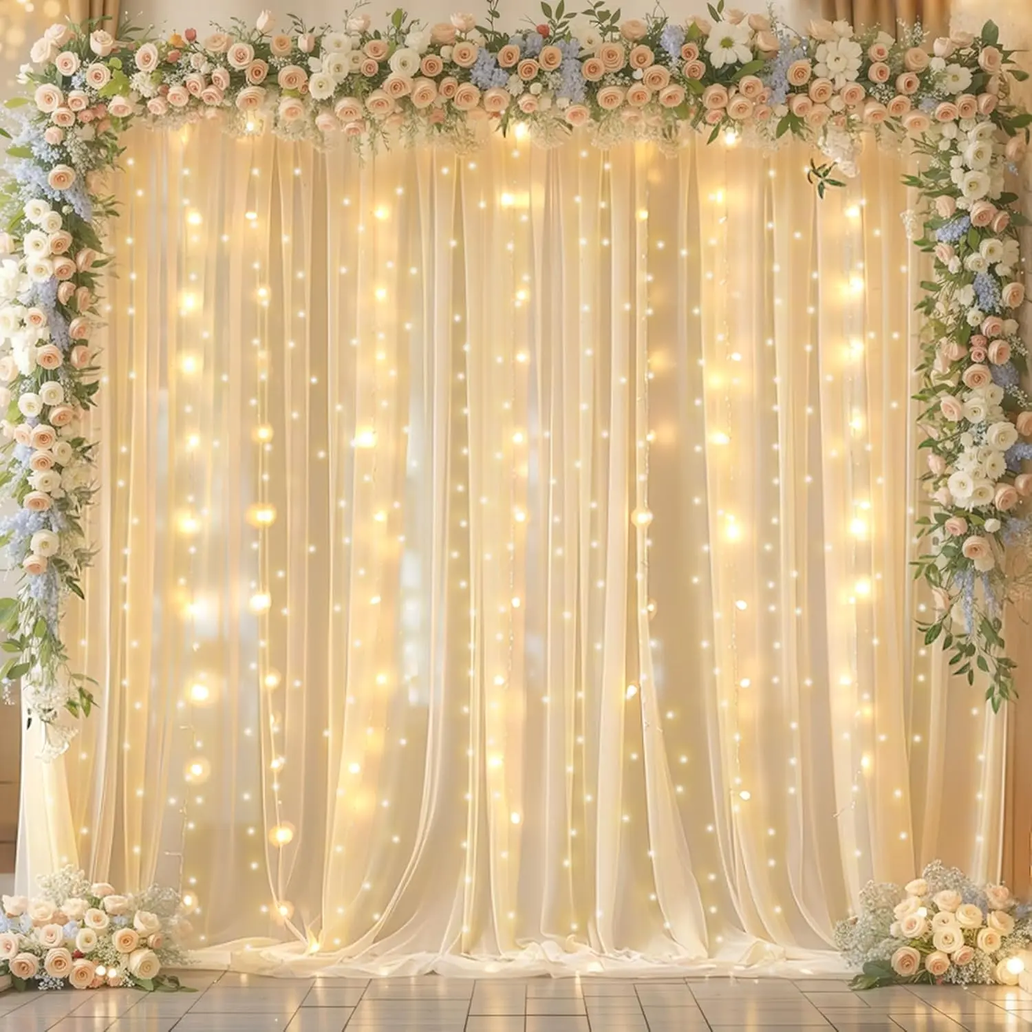 10x10ft Non-Woven Fabric Hanging Reusable Champagne Tulle Backdrop Curtain with String Lights, Wrinkle-Resistant Sheer Decor for Weddings, Photoshoots, Birthdays, Party Decoration & Backdrop Cover