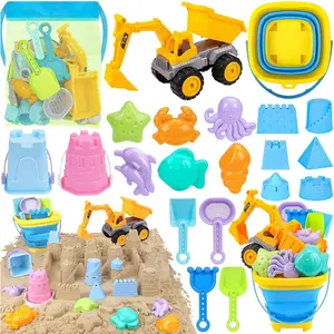 P-TBT058  Beach Toys, Sand Toys with 2 in 1 Construction Vehicles, Collapsible Beach Bucket, Sand Castle Building kit, Sand Molds, Beach Shovel, Mesh Bag, Summer Toys for Kids Ages 4-8