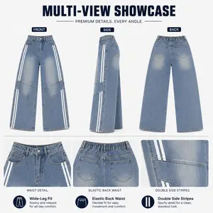 Men's & Women Wide Leg Baggy Jeans, Light Wash Denim Pants with Side Stripes, Elastic Back Waist Loose Fit Streetwear Jeans, Y2K Hip Hop Skater Pants with Pockets