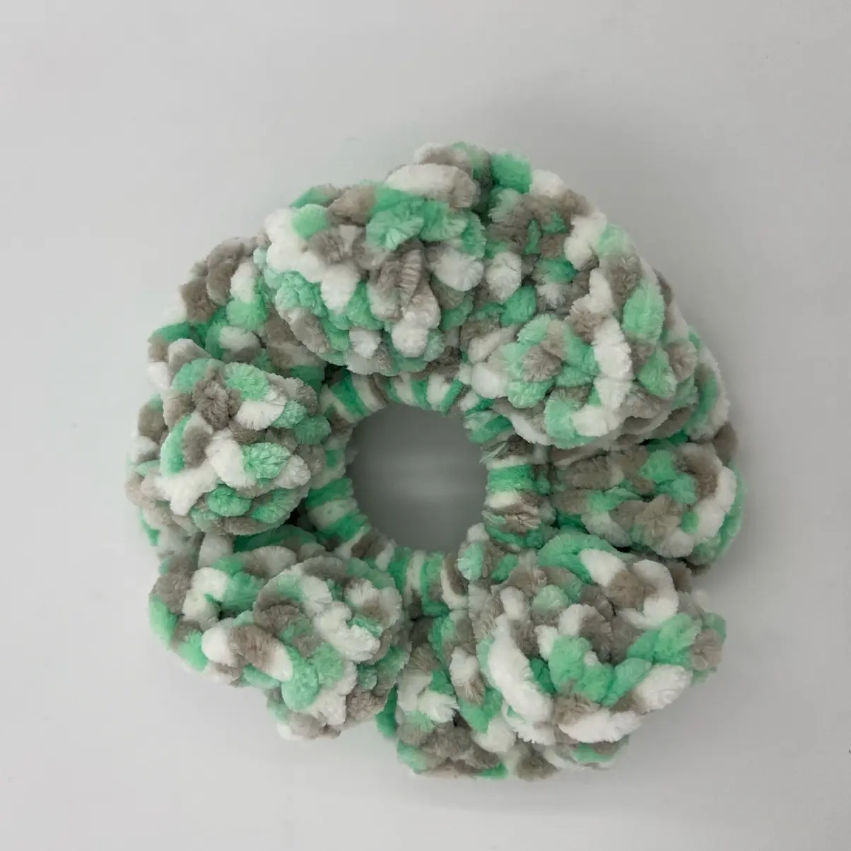 One Crochet Scrunchie in Green, Grey, and White