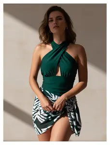 Emerald Green Swimsuit for Women with Zebra Print Cover Up; Halter Bathing Suit; Cutout One Piece Swimwear; Stylish Swimsuits for Vacation; Two Piece Swimsuit Set
