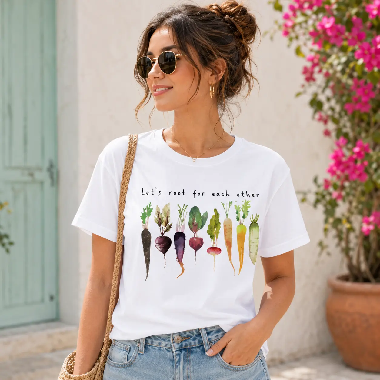 Women's Classic Cotton Short-Sleeve Round Neck Gardening Tee - Let's Root for Each Other Novelty Vegetable Graphic, Funny Plant Lover Oversized Vintage Sports Top, Digital Print, Shortsleeve, Casual, Standard Us