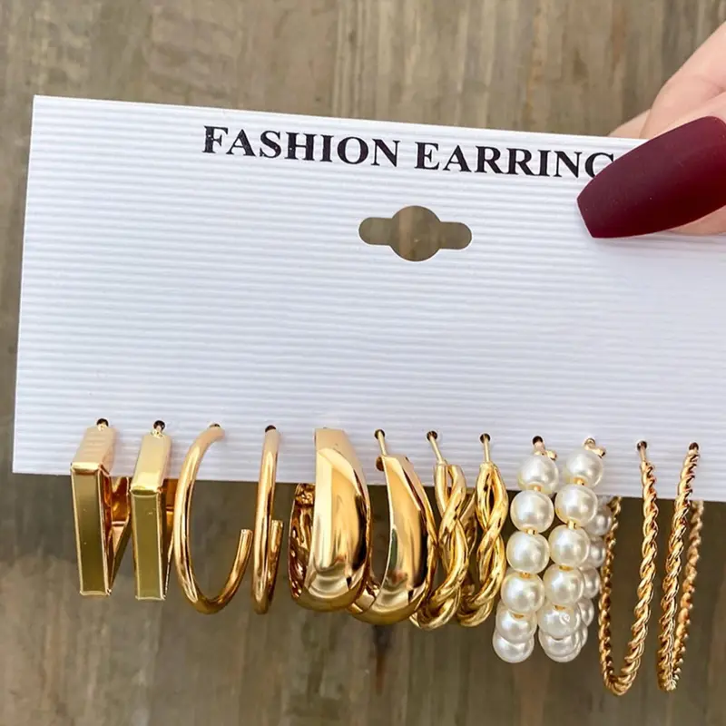 6 Pairs/set Women's Elegant Faux Pearl Decorated Geometric & Twist Design Hoop Earrings, Casual Trendy Hoop Earrings, Fashionable Jewelry for Women for Daily Decoration, Earrings Stack, Earring Stacking Set