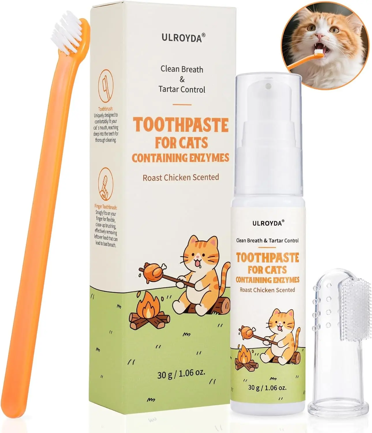 Enzymatic Cat Toothpaste Kit – Roast Chicken Flavor Dental Care for Cats & Kittens | Fights Plaque, Tartar & Bad Breath | Includes Toothbrush & Finger Brush, 1.06 oz